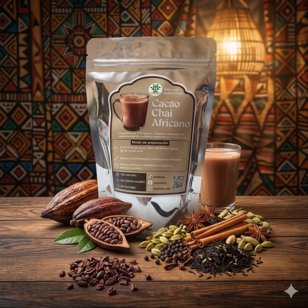 Cacao chai africano artesanal Omohini's, chocolate caliente especiado con ingredientes ancestrales de origen puro