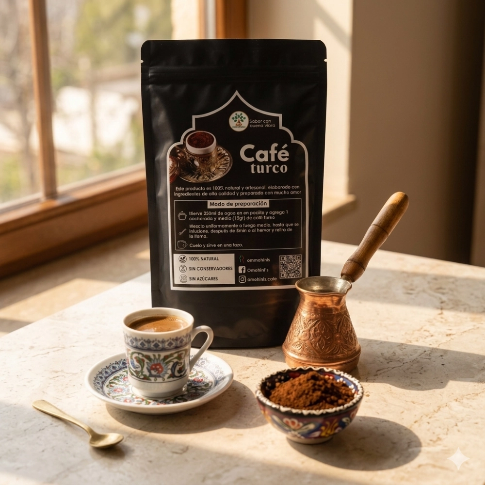 Café turco artesanal de molido fino Omohini's, preparación tradicional de patrimonio mundial en cezve de cobre